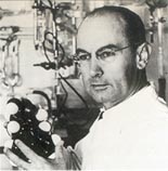 Albert Hofmann en el laboratorio, con una molécula de LSD-25
